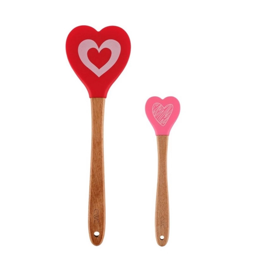 Cook With Color Silicone Heart Spatula Set Wood Handles (Set of 2) New